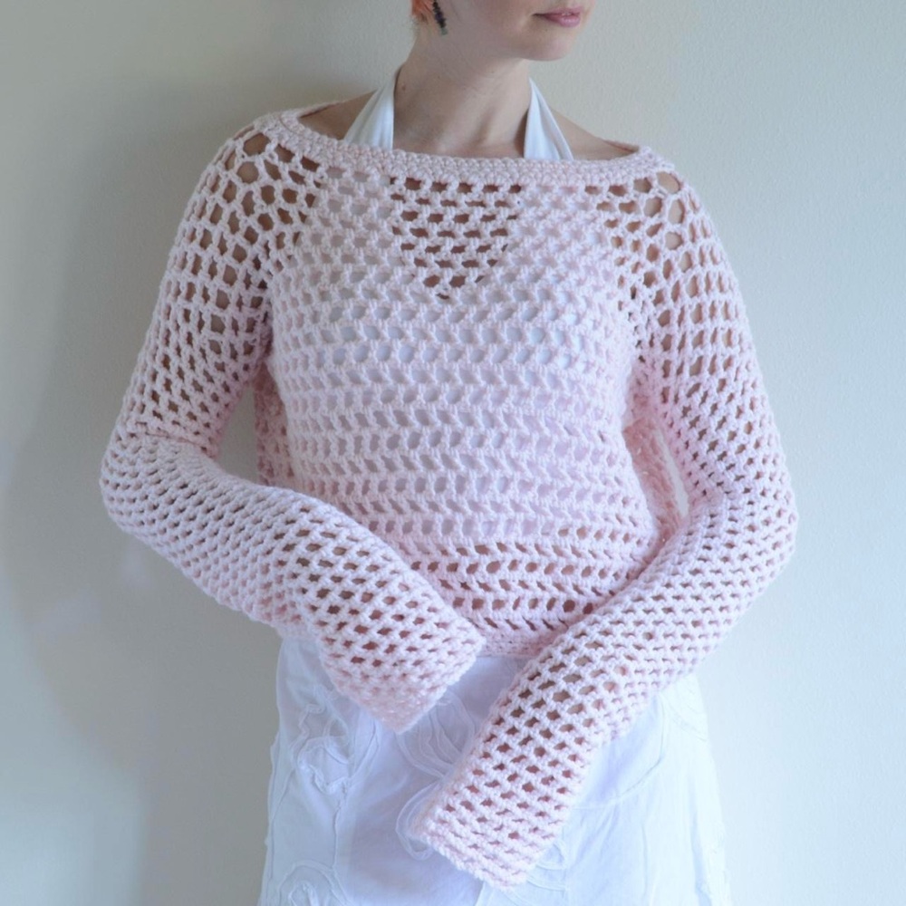 Handmade Crochet Sweater Light Pink Mesh S